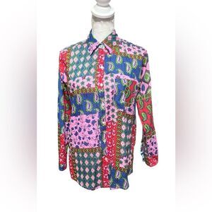 Mary Marshmallow Womens XS Cotton Button Up Patchwork Paisley Long Sleeve Top